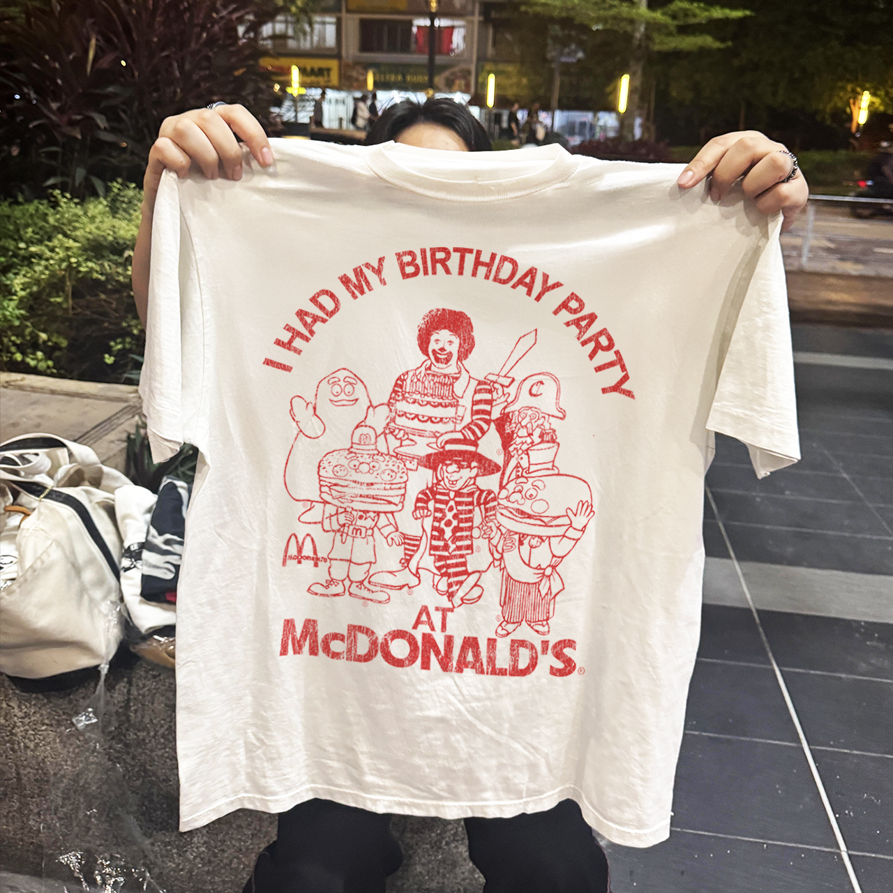 90s I HAD MY BIRTHDAY PARTY AT McD0NALD'S RARE WASHED WHITE T-SHIRT