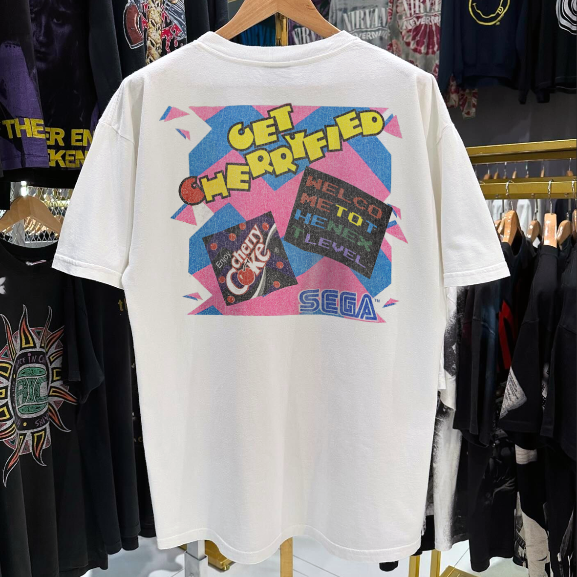 90'S GET CHERRYFIED! CHERRY C0KE X SEGA VINTAGE WASHED WHITE T-SHIRT