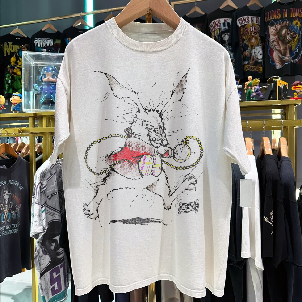 90's 'IM LATE' WHITE RABBIT GRAIL WASHED WHITE T-SHIRT