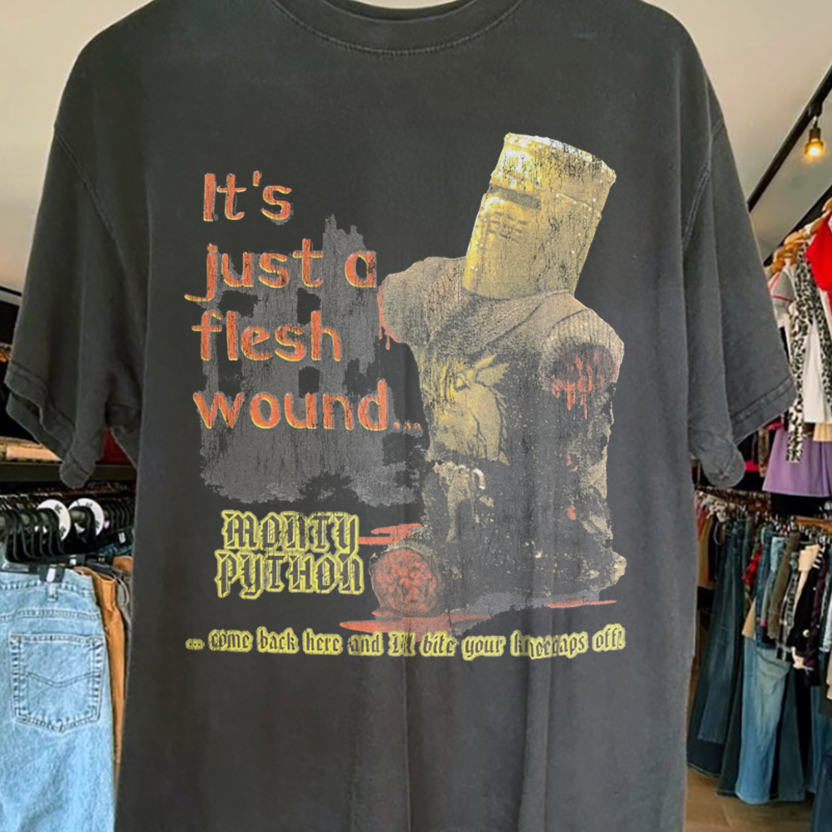 IT'S JUST A FLESH WOUND MONTY PYTH0NS 2001 PROMO VINTAGE WASHED BLACK T-SHIRT